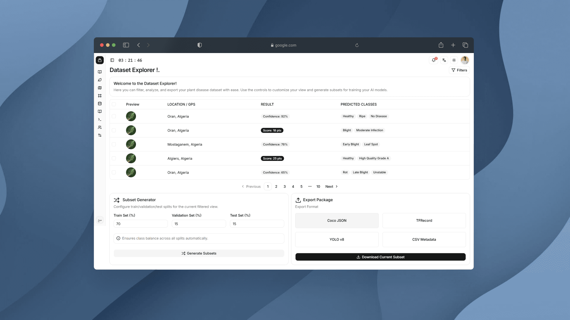 Page for managing and exporting datasets generated from validated crop disease detections